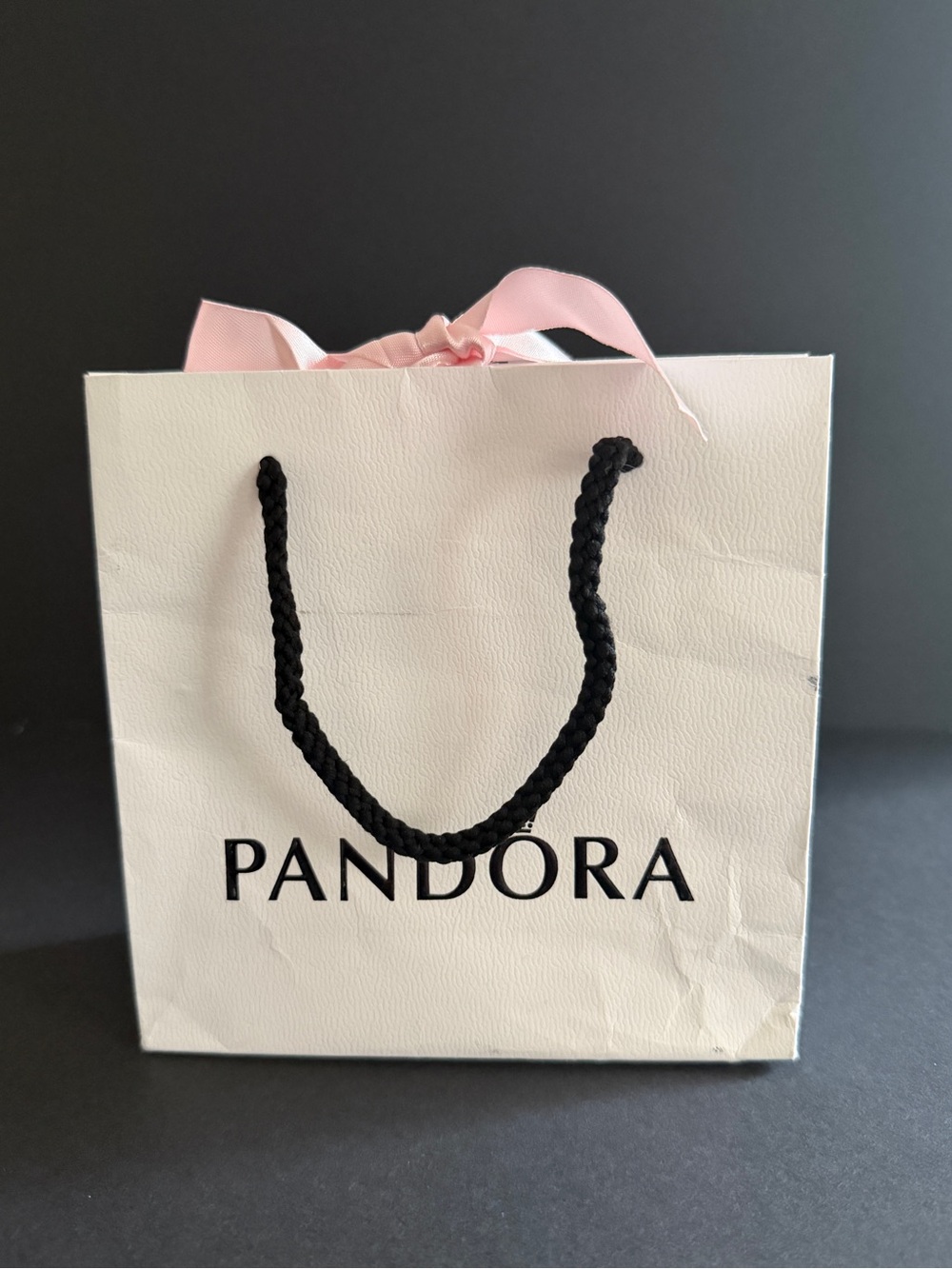 Pandora White Gift Bag with Pink Ribbon and Black Handles